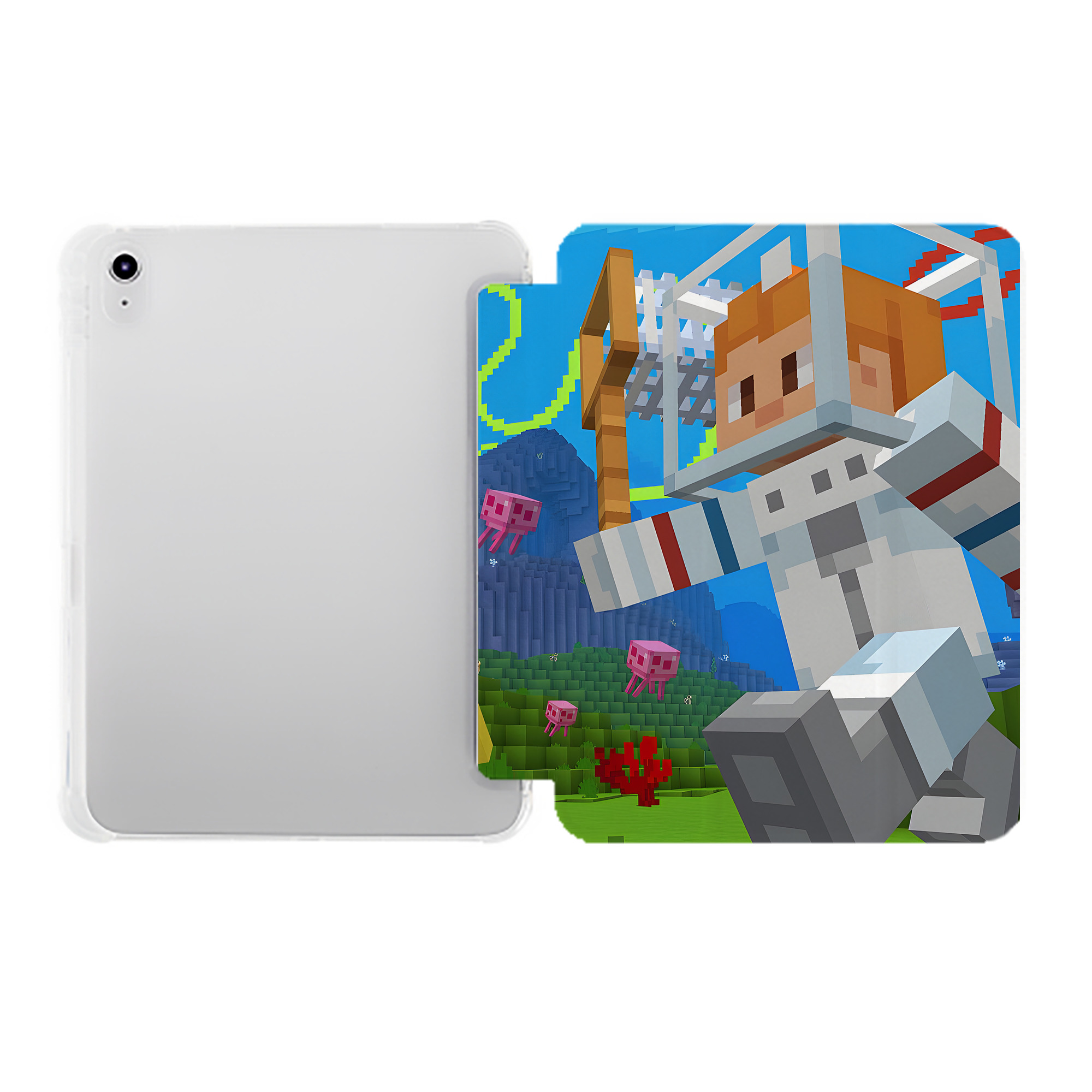 （画像用） マインクラフト ブロックの世界 Minecraft MC Block world IPad ケース ペン収納付き 三つ折りスタンド PUレザー×シリコン 対応機種9.5/10.5/10.9インチ